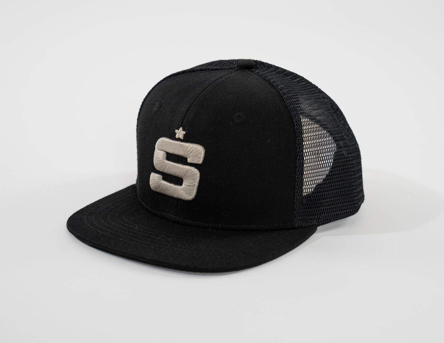 TRUCKER STYLE BLACK CAP WITH WHITE 3D EMBROIDERY